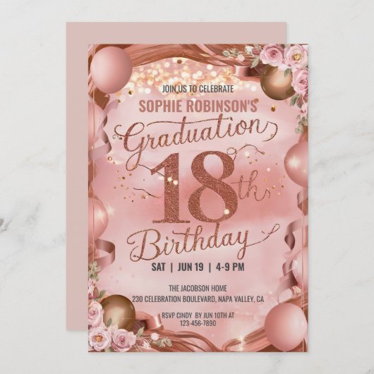 Invitation Ballons doux Fleurs Graduation 18e anniversaire (Devant / Derrière)