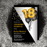 Invitation Ballons élégants Noir | Gold 18th Birthday Party<br><div class="desc">Les ballons noirs en retour vers les ballons à chiffres d'or donnent une touche dramatique à ce design de fête du 18e anniversaire. Conception composite par Holiday Hearts Designs (droits réservés). D'autres numéros d'âge sont disponibles dans notre boutique. Si vous ne voyez pas de design pour l'âge particulier que vous...</div>