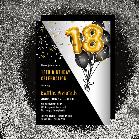Invitation Ballons élégants Noir | Gold 18th Birthday Party