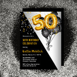 Invitation Ballons élégants Noir | Gold 50th Birthday Party<br><div class="desc">Les ballons noirs en retour vers les ballons à chiffres d'or donnent une touche dramatique à ce design de fête du 50e anniversaire. Conception composite par Holiday Hearts Designs (droits réservés). D'autres numéros d'âge sont disponibles dans notre boutique. Si vous ne voyez pas de design pour l'âge particulier que vous...</div>