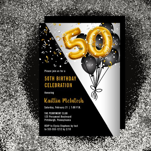 Invitation Ballons élégants Noir | Gold 50th Birthday Party