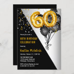 Invitation Ballons élégants Noir | Gold 60th Birthday Party<br><div class="desc">Les ballons noirs en retour vers les ballons à chiffres d'or donnent une touche dramatique à ce design de fête du 60e anniversaire. Conception composite par Holiday Hearts Designs (droits réservés). D'autres numéros d'âge sont disponibles dans notre boutique. Si vous ne voyez pas de design pour l'âge particulier que vous...</div>