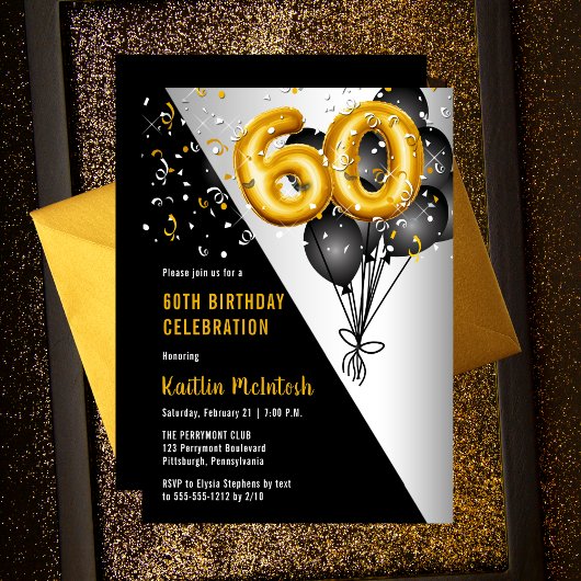 Invitation Ballons élégants Noir | Gold 60th Birthday Party