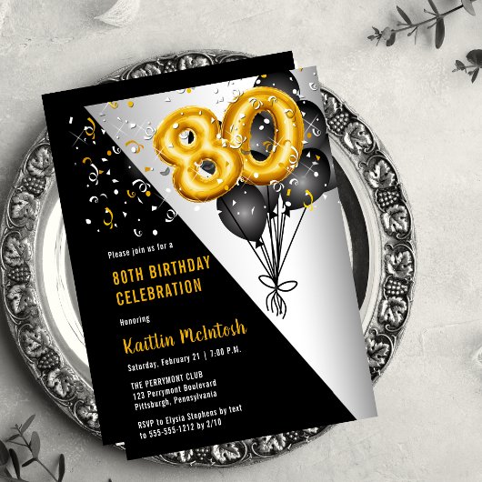 Invitation Ballons élégants Noir | Gold 80th Birthday Party