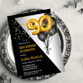 Invitation Ballons élégants Noir | Gold 90th Birthday Party