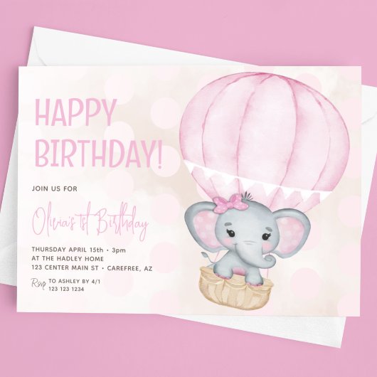 Invitation Ballons Eléphant Rose mignon 1er anniversaire