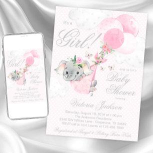 Invitation Ballons éléphant rose pâle Papillon Baby Shower