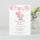 Invitation Ballons éléphant rose pour l'anniversaire de bébé (Debout devant)