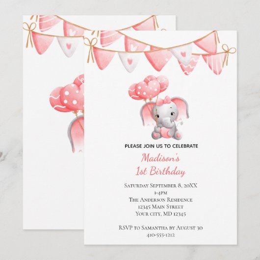 Invitation Ballons éléphant rose pour l'anniversaire de bébé (Devant / Derrière)