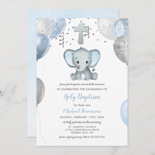 Invitation Ballons éléphants Aquarelle Baptême (Devant / Derrière)