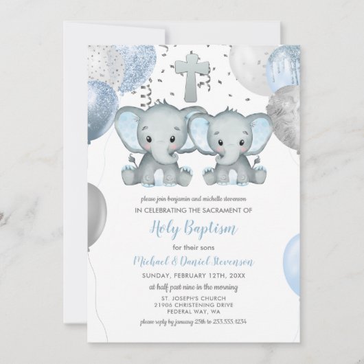 Invitation Ballons éléphants Aquarelle Baptême (Devant)