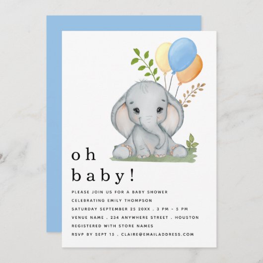 Invitation Ballons Eléphants Bleu Baby shower garçon (Devant / Derrière)