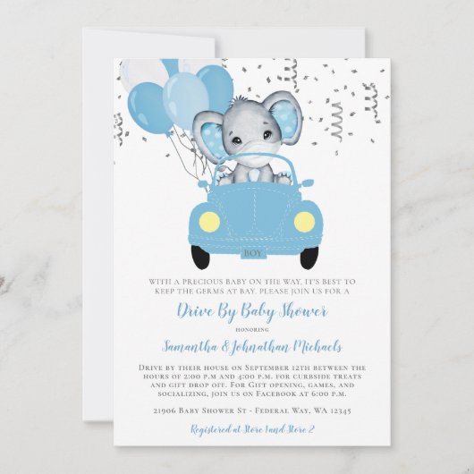 Invitation Ballons Eléphants De Garçon Mignonne Conduit Par B (Devant)