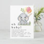 Invitation Ballons Eléphants mignons Baby shower fille rose (Debout devant)