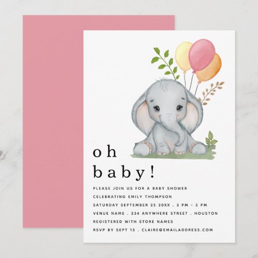 Invitation Ballons Eléphants mignons Baby shower fille rose (Devant / Derrière)