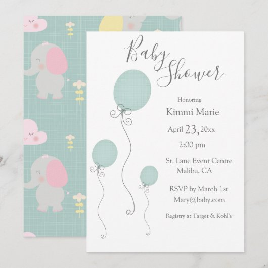 Invitation Ballons éléphants Script d'aquarelle minimaliste (Devant / Derrière)