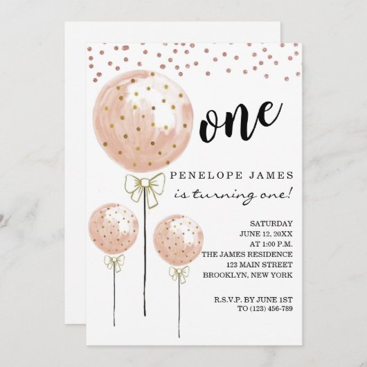 Invitation Ballons en coton rose vif 1er anniversaire (Devant / Derrière)