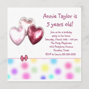 Invitation Ballons en forme de cœur rose pour l'anniversaire