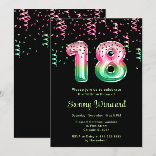 Invitation Ballons en forme de pastèque pour 18 ans avec conf (Devant / Derrière)