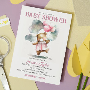 Invitation Ballons en forme d'ours en peluche Nuages Fille Sh