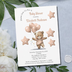 Invitation Ballons en forme d'ours en peluche rose étoiles Fi