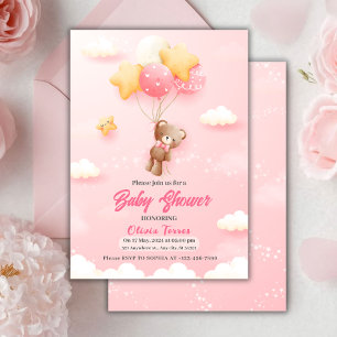 Invitation Ballons en forme d'ours en peluche rose pour Baby
