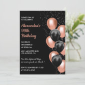 Invitation Ballons en or rose noir chic pour 99e anniversaire (Debout devant)
