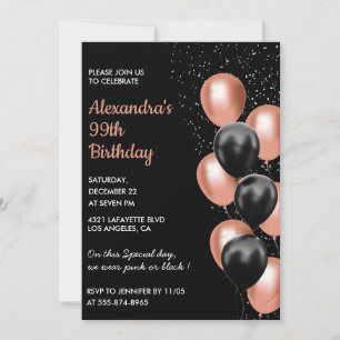 Invitation Ballons en or rose noir chic pour 99e anniversaire