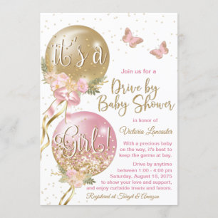 Invitation Ballons en Or Rose Papillon Baby Shower Covid