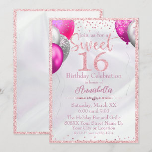 Invitation Ballons en Paillettes Roses sur Satin pour un Anni