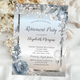 Invitation Ballons en verre Paillettes Fleurs bleues Retraite