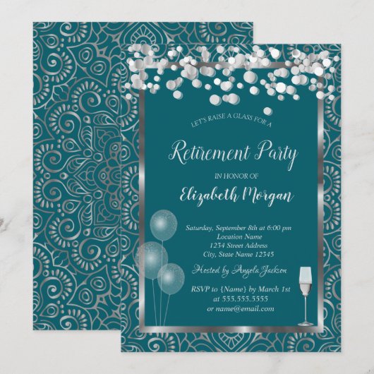 Invitation Ballons en verre Silver Mandala Green Retirement (Devant / Derrière)