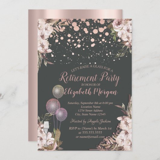 Invitation Ballons en verre talons Boho Fleurs Retraite (Devant / Derrière)