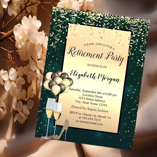 Invitation Ballons, escarpins dorés, retraite verte