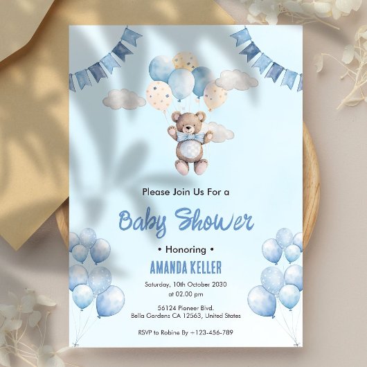 Invitation Ballons et Baby shower de nuages bleu Teddy