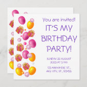 Invitation Ballons et cadeaux. Anniversaire élégant (Devant / Derrière)