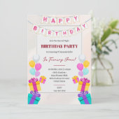 Invitation Ballons et cadeaux de couleur mignonne Anniversair (Debout devant)