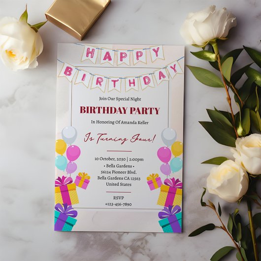 Invitation Ballons et cadeaux de couleur mignonne Anniversair