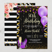 Invitation Ballons et Champagne Dorés Violets (Devant / Derrière)