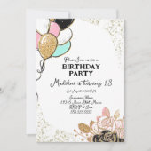Invitation Ballons et fleurs rose noir fête d'anniversaire (Devant)