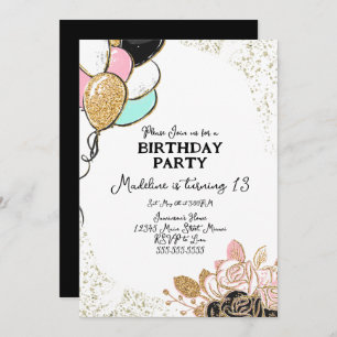 Invitation Ballons et fleurs rose noir fête d'anniversaire