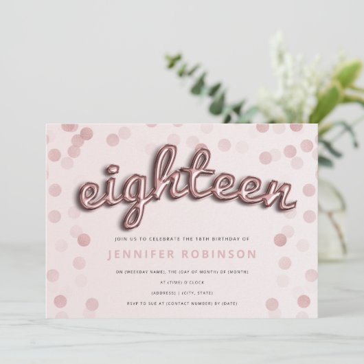 Invitation Ballons et Parties scintillant en or rose 18e anni (Debout devant)