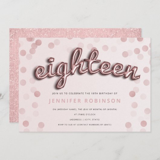 Invitation Ballons et Parties scintillant en or rose 18e anni (Devant / Derrière)