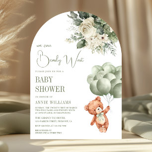 Invitation Ballons Fleuris Ours en Peluche Vert Sauge Baby Sh