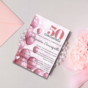 Invitation Ballons Fleuris Rose Rose Espagnol 50e Anniversair