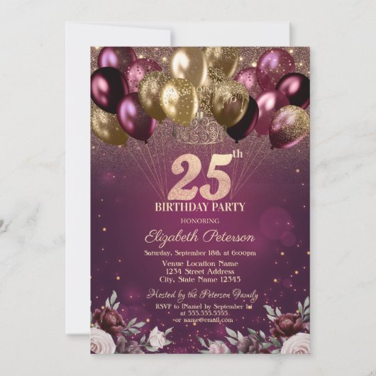 Invitation Ballons Fleurs Burgundy Brillant 25e Anniversaire (Devant)