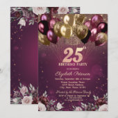 Invitation Ballons Fleurs Burgundy Brillant 25e Anniversaire (Devant / Derrière)