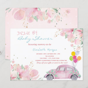 Invitation Ballons Fleurs Voiture Rose Défilé Baby Shower