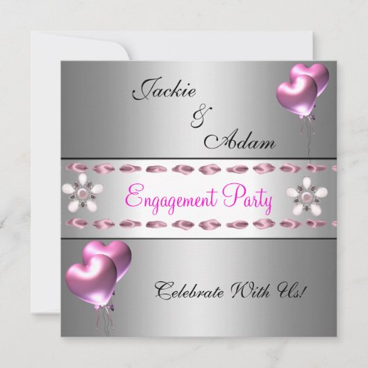 Invitation Ballons floraux rose argent de la partie d'engagem (Devant)