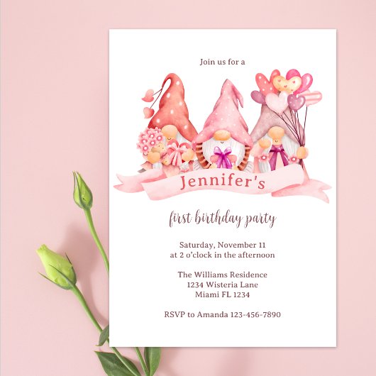 Invitation Ballons Gnomes mignons rose Premier anniversaire f